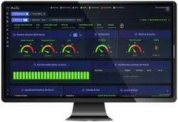 Computer monitor showing industrial equipment dashboard with vibration, temperature, acoustics gauges and machine health bars
