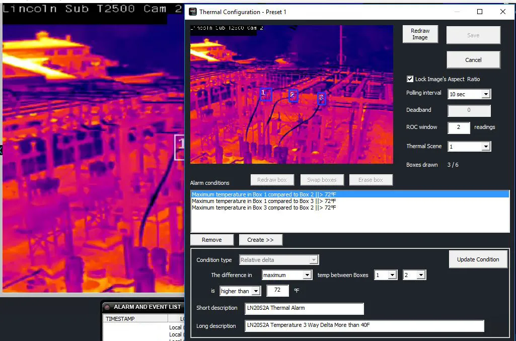 Thermal imaging software interface displaying colorized infrared view of electrical substation equipment and alarm settings.